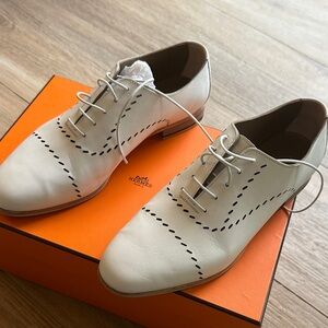 Hermès Women’s White Leather Oxford Shoes - Cap Toe, Size 37.5, Made in Italy